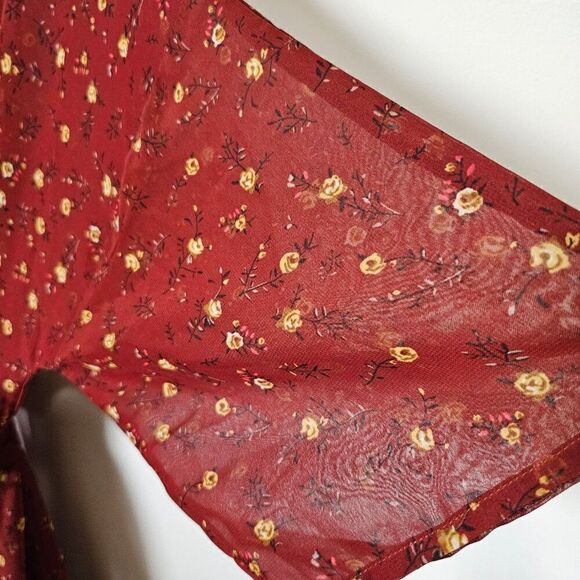 NEVER WORN TIME AND TRU RED DITSY FLORAL LONG BELTED KIMONO CARDIGAN SIZE SMALL - Picture 7 of 14